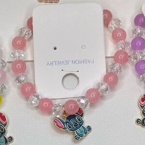 Colorful Kids Beaded Stretch Bracelet Pink beads green charm